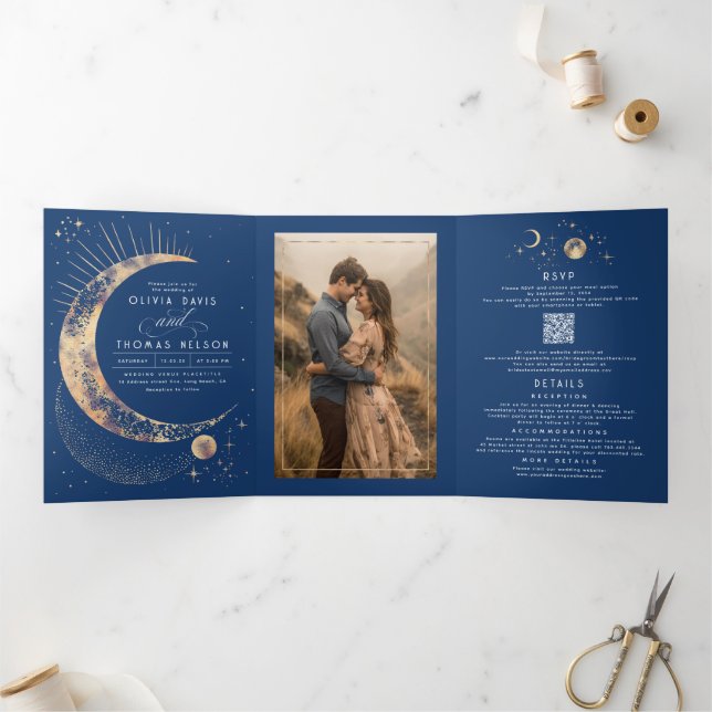 Crescent Moon Sun Halo Celestial Wedding Photo Tri-Fold Invitation (Inside)