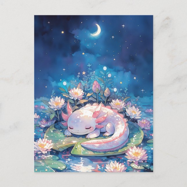 Crescent Moon Watercolor Sleeping Axolotl Postcard (Front)