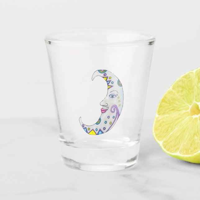 Crescent Moon With Face Abstract Shapes Colours Shot Glass (Front)