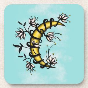Crescent Moon Wrapped In Flowers Tattoo Style Coaster