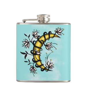 Crescent Moon Wrapped In Flowers Tattoo Style Hip Flask
