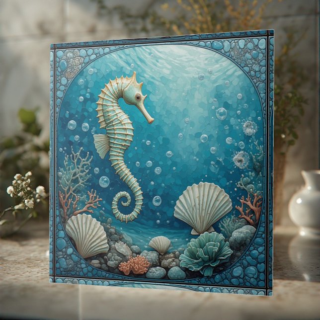Crescent Moonlit Coastal Seahorse Tropical Coral  Tile (Crescent Moonlit Coastal Seahorse Tropical Coral Ceramic Tile)