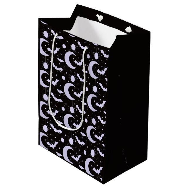 Crescent Moons, Spiders and Bats Black Halloween Medium Gift Bag (Front Angled)