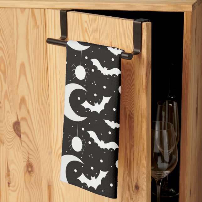 Crescent Moons, Spiders and Bats Black Halloween Tea Towel (Thirds Fold)