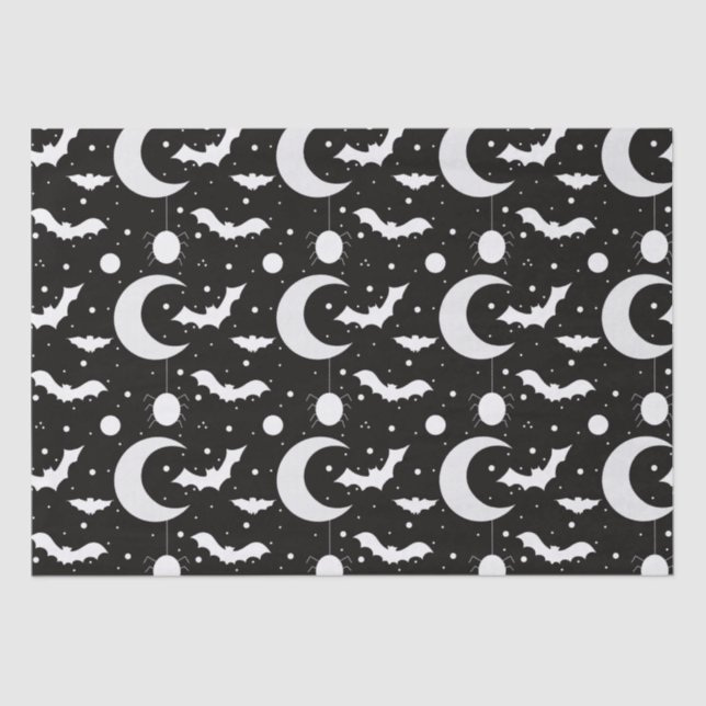 Crescent Moons, Spiders and Bats Black Halloween Tissue Paper (Front)