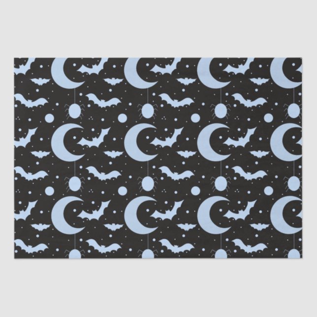 Crescent Moons, Spiders and Bats Black Halloween Tissue Paper (Front)