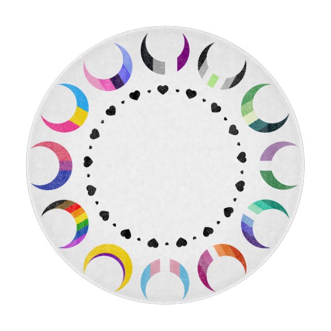 Crescent Pride Moons & Black Hearts Cutting Board (Front)