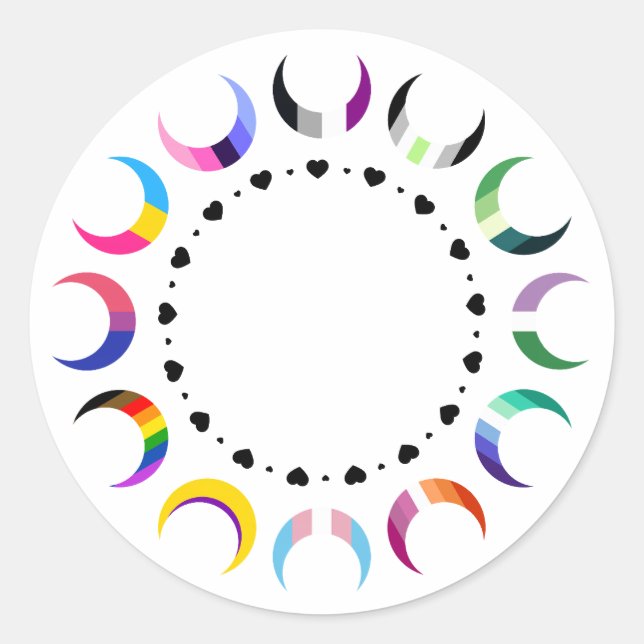  Crescent Pride Moons & Heart Ring  Classic Round Sticker (Front)
