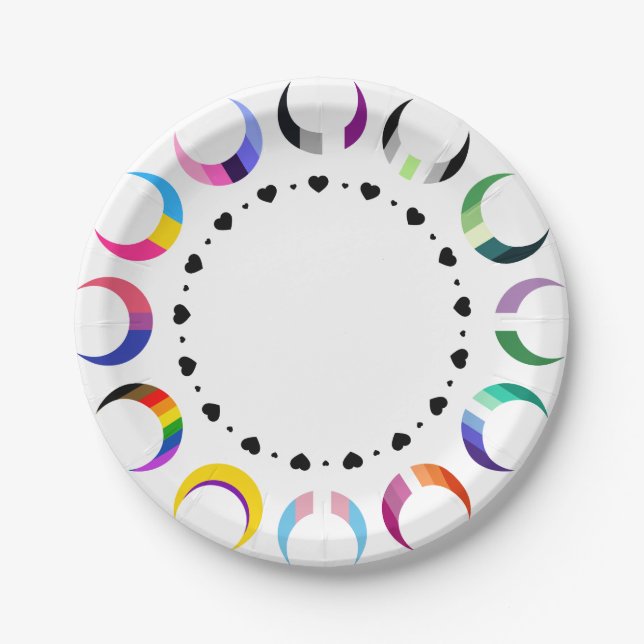  Crescent Pride Moons & Heart Ring Paper Plates (Front)
