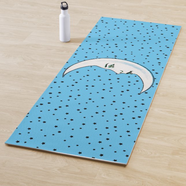 Crescent White Moon Face Black Pips Stars on Blue Yoga Mat (In Situ)