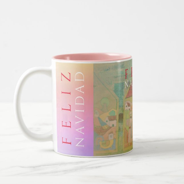 Cresche Scene "Feliz Navidad" Two-Tone Coffee Mug (Left)