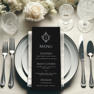 Crest Black Elegant Vintage Grey Monogram Wedding Menu