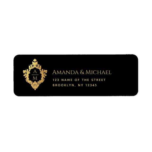 Crest Black Faux Gold Elegant Wedding Monogram  (Front)