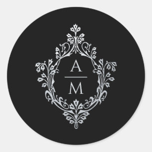 Crest Black Faux Silver Vintage Wedding Monogram Classic Round Sticker