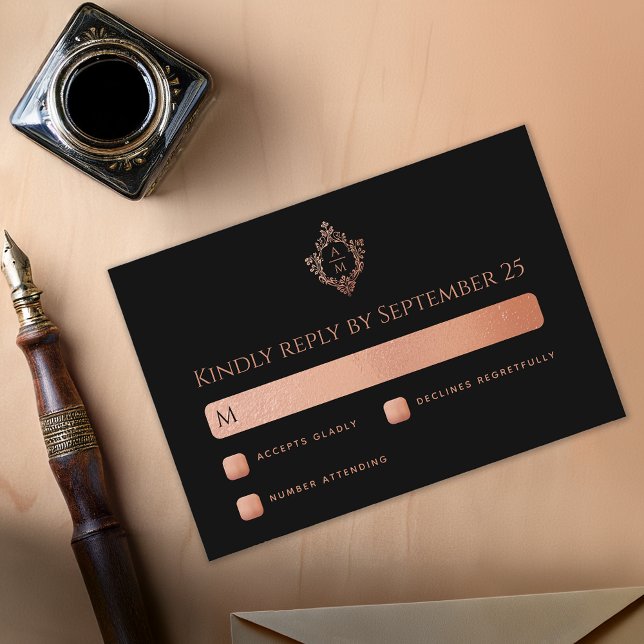 Crest Black Pink Rose Gold Monogram Wedding  RSVP Card (Creator Uploaded)