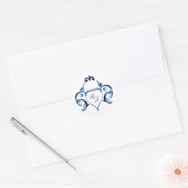  Crest Blue and white Delft Monogrammed wedding Classic Round Sticker (Envelope)