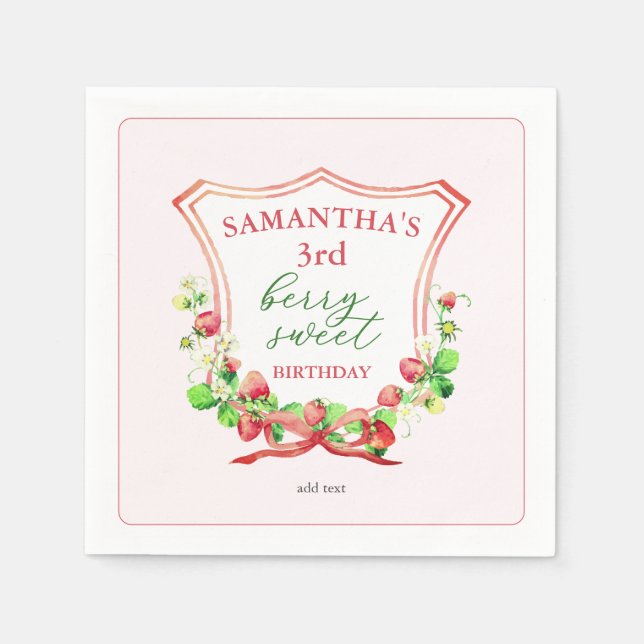 Crest Bow Berry Sweet Watercolor Any Age Birthday Napkin (Front)
