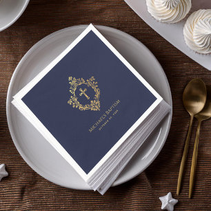 Crest Boy Baptism Navy Blue Elegant Faux Gold Foil Napkin