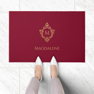 Crest Burgundy Faux Gold Elegant Monogram Name Doormat