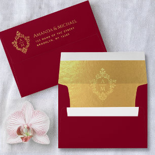 Crest Burgundy Faux Gold Elegant Wedding Monogram  Envelope