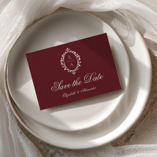 Crest Burgundy Red Old Money Wedding Save The Date Announcement Postcard
