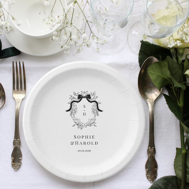 Crest Coquette Bow Monogram French Vintage Wedding Paper Plate (Creator Uploaded)