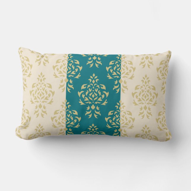 Crest Damask Pattern – Gold on Teal & Cream Lumbar Cushion (Front)