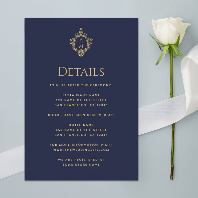 Crest Details Navy Blue Wedding Monogram Faux Gold Enclosure Card (Creator Uploaded)