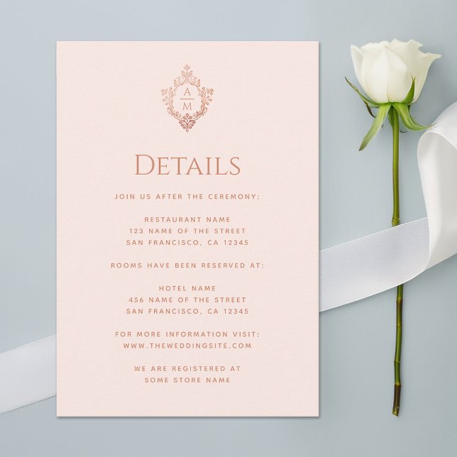 Crest Details Pink Wedding Monogram Rose Gold Enclosure Card (Creator Uploaded)