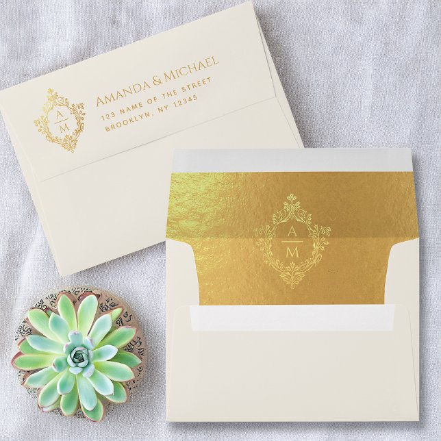 Crest Ivory Faux Gold Elegant Wedding Monogram  Envelope (Creator Uploaded)