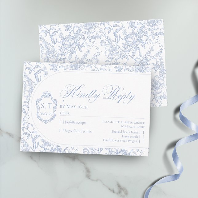 Crest Monogram Blue and White Floral Script RSVP Card (Creator Uploaded)