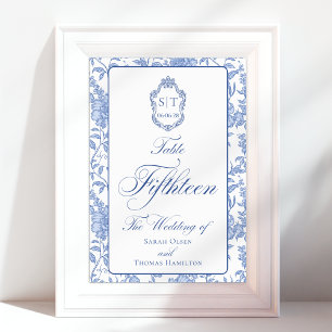 Crest Monogram Blue Floral Script Fifthteen Table Number