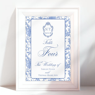 Crest Monogram Blue Floral Script Four Table Number