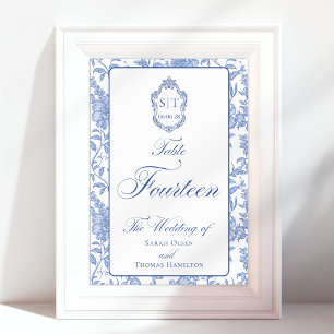 Crest Monogram Blue Floral Script Fourteen Table Number
