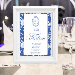 Crest Monogram Blue Floral Script Thirteen 8 Names Table Number