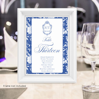 Crest Monogram Blue Floral Script Thirteen 8 Names Table Number