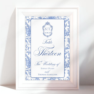 Crest Monogram Blue Floral Script Thirteen Table Number
