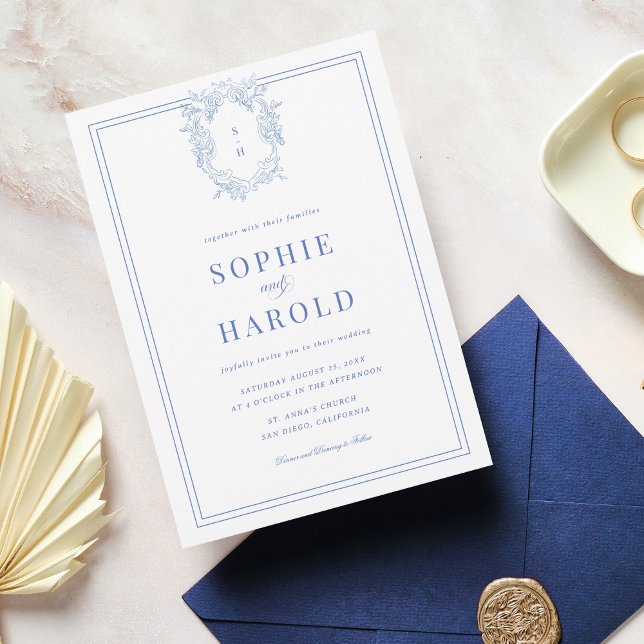 Crest Monogram Blue French All in One Wedding Invitation (Creator Uploaded)