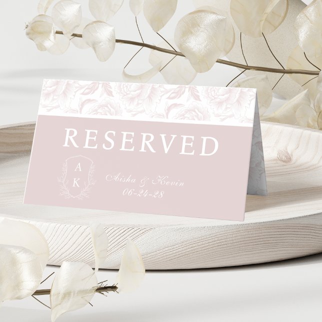 Crest Monogram Blush Pink Peony Reserved Place Card (Creator Uploaded)