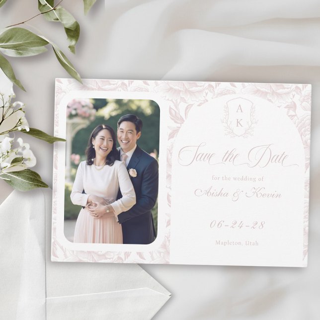 Crest Monogram Blush Pink Script Photo Save The Date (Creator Uploaded)
