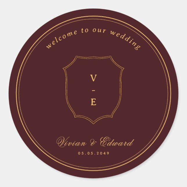 Crest Monogram Burgundy & Gold Wedding Welcome Classic Round Sticker (Front)