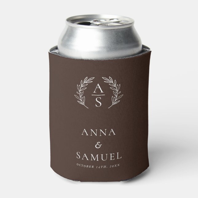 Crest Monogram Chocolate Brown and White Wedding Can Cooler (Can Front)