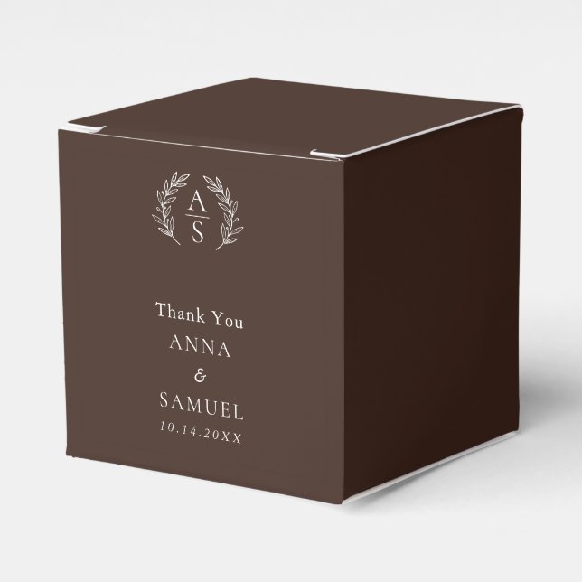 Crest Monogram Chocolate Brown and White Wedding Favour Box (Front Side)