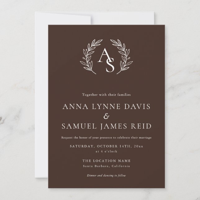 Crest Monogram Chocolate Brown and White Wedding Invitation (Front)