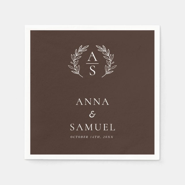 Crest Monogram Chocolate Brown and White Wedding Napkin (Front)