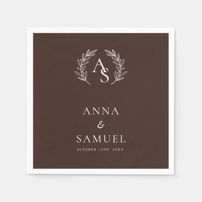 Crest Monogram Chocolate Brown and White Wedding Napkin (Front)