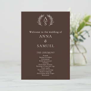 Crest Monogram Chocolate Brown and White Wedding Programme