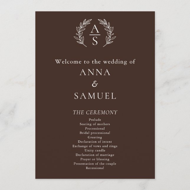 Crest Monogram Chocolate Brown and White Wedding Programme (Front)