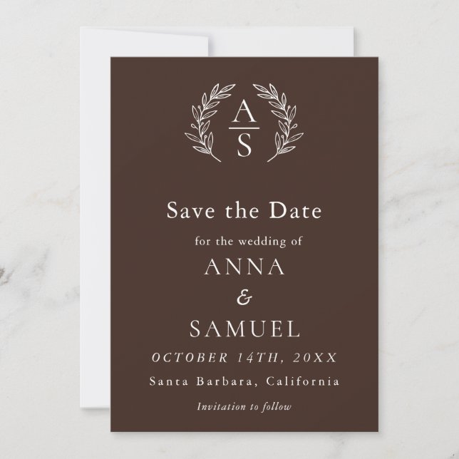 Crest Monogram Chocolate Brown and White Wedding Save The Date (Front)