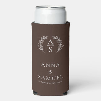 Crest Monogram Chocolate Brown and White Wedding Seltzer Can Cooler